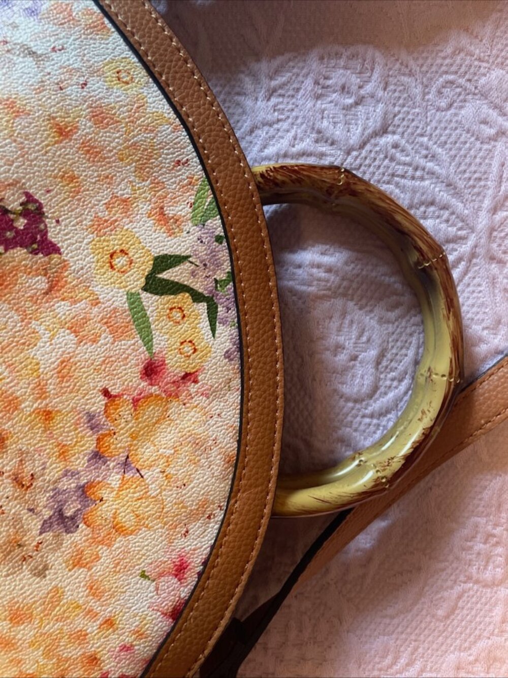 Dana Buchman Crossbody Handles Bag Floral and Tan Bamboo Handles - Picture 3 of 9